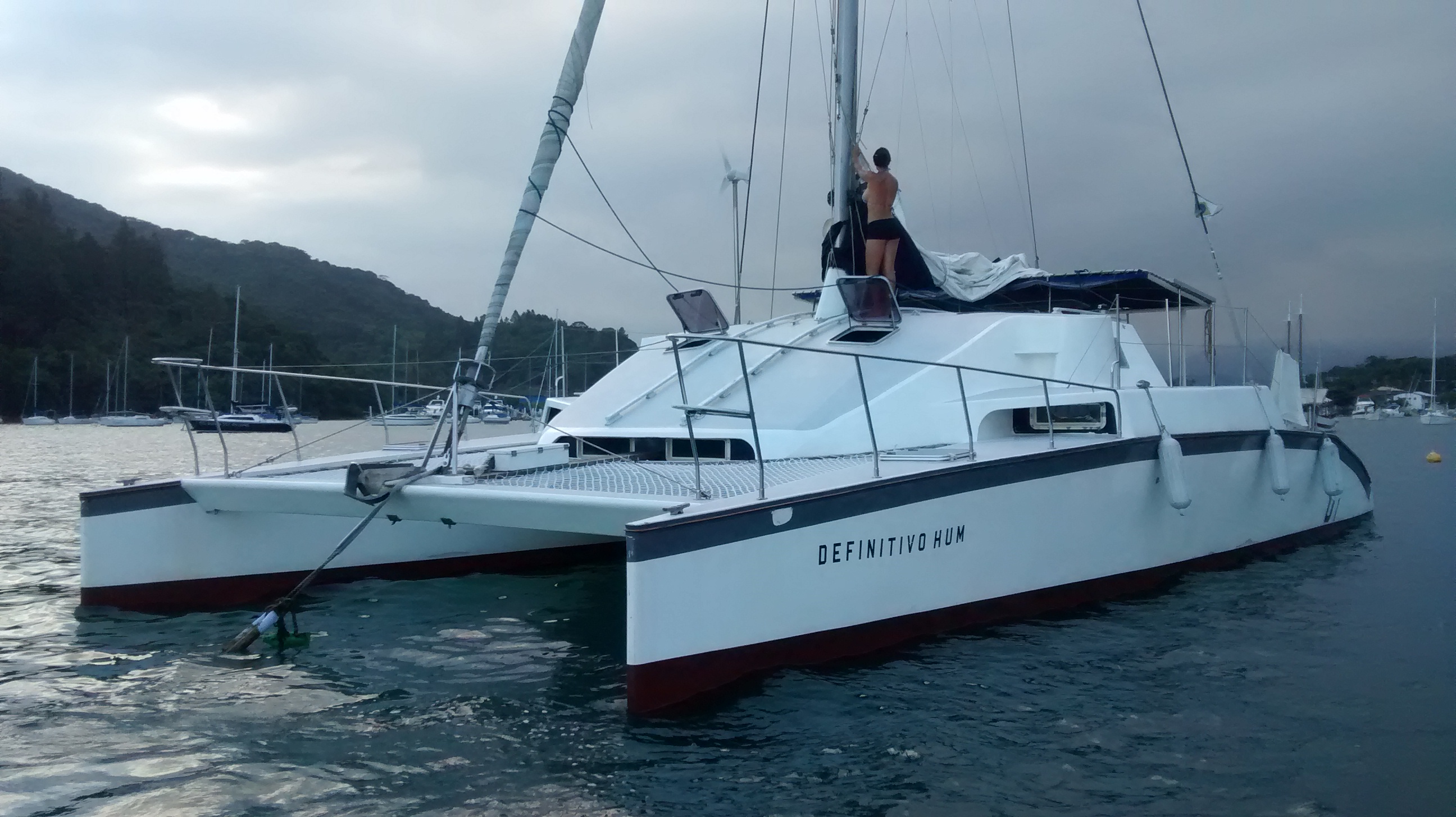 Brazil, Paraty. Catamaran sailboat